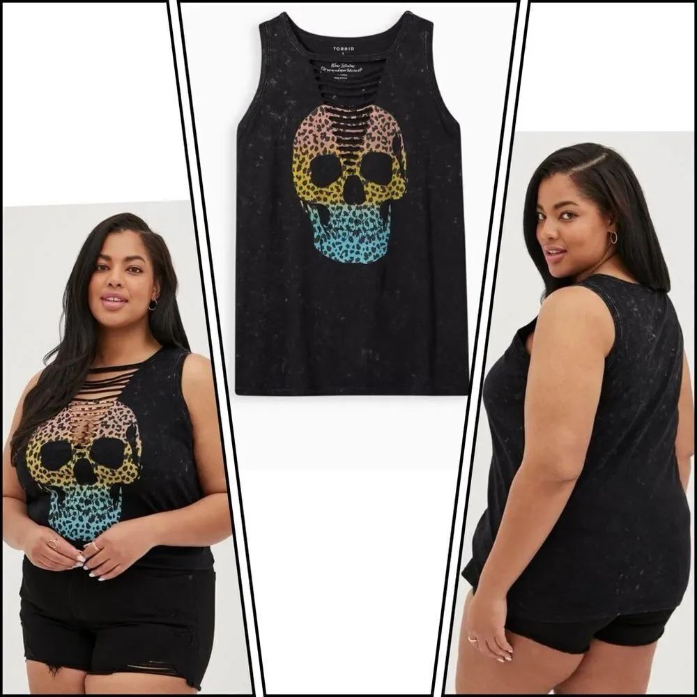 Torrid Slasher Tank - Cotton Mineral Wash Skull Black Size 0 = L